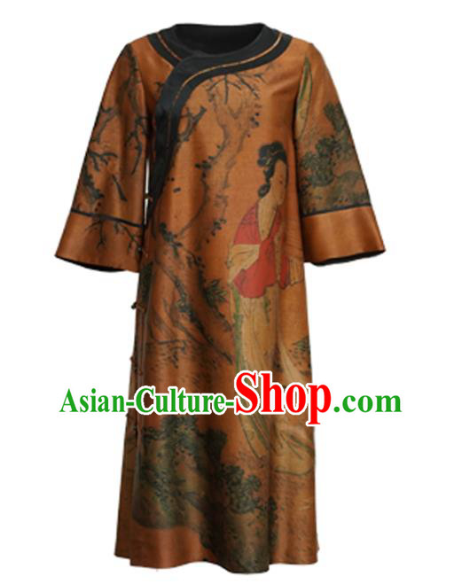 China National Women Clothing Classical Beauty Pattern Orange Silk Long Gown Tang Suit Overcoat