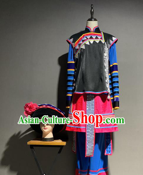 Chinese Sibe Nationality Minority Folk Dance Costumes Ethnic Woman Stage Show Clothing and Hat