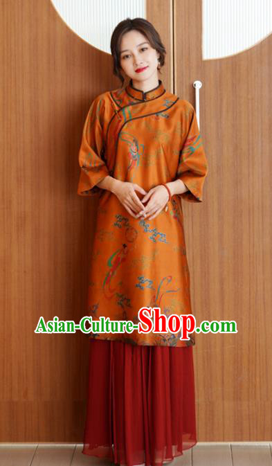 China Tang Suit Overcoat National Women Clothing Classical Goddess Pattern Orange Silk Long Gown