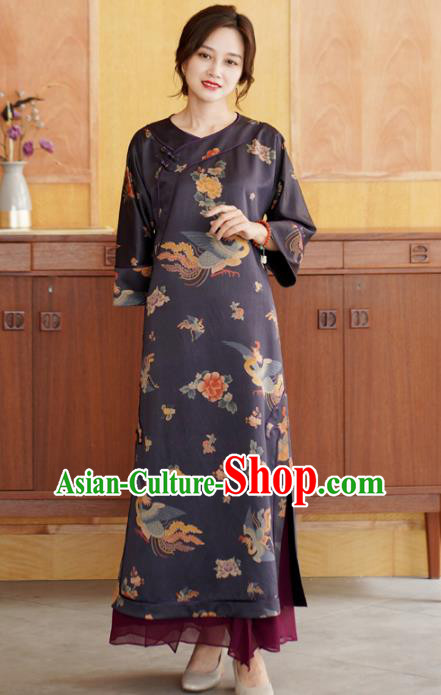 China National Young Women Qipao Dress Classical Phoenix Peony Pattern Purple Silk Cheongsam
