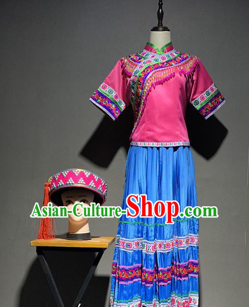 Chinese Yi Nationality Minority Young Lady Costumes Yunnan Ethnic Dance Outfits and Rosy Hat