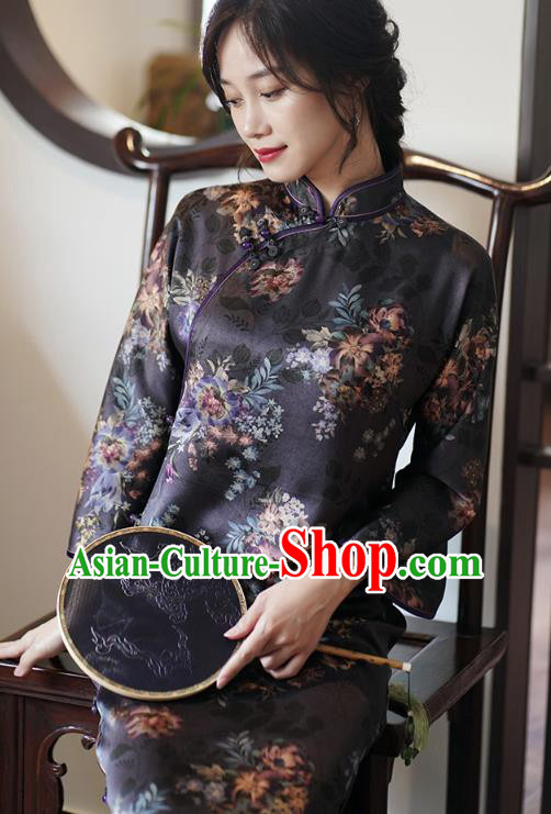 China Classical Purple Silk Cheongsam National Young Women Gambiered Guangdong Gauze Long Qipao Dress