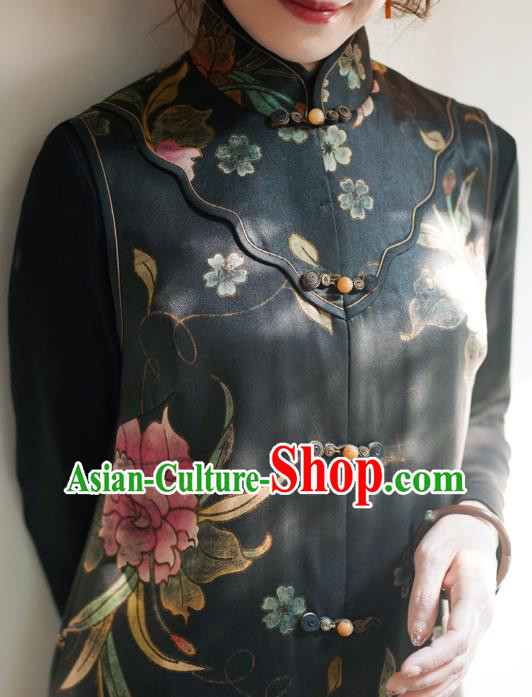 Chinese Classical Hand Painting Peony Black Silk Vest National Women Tang Suit Long Waistcoat