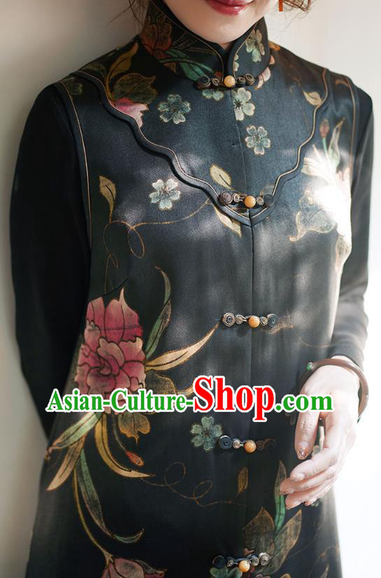 Chinese Classical Hand Painting Peony Black Silk Vest National Women Tang Suit Long Waistcoat