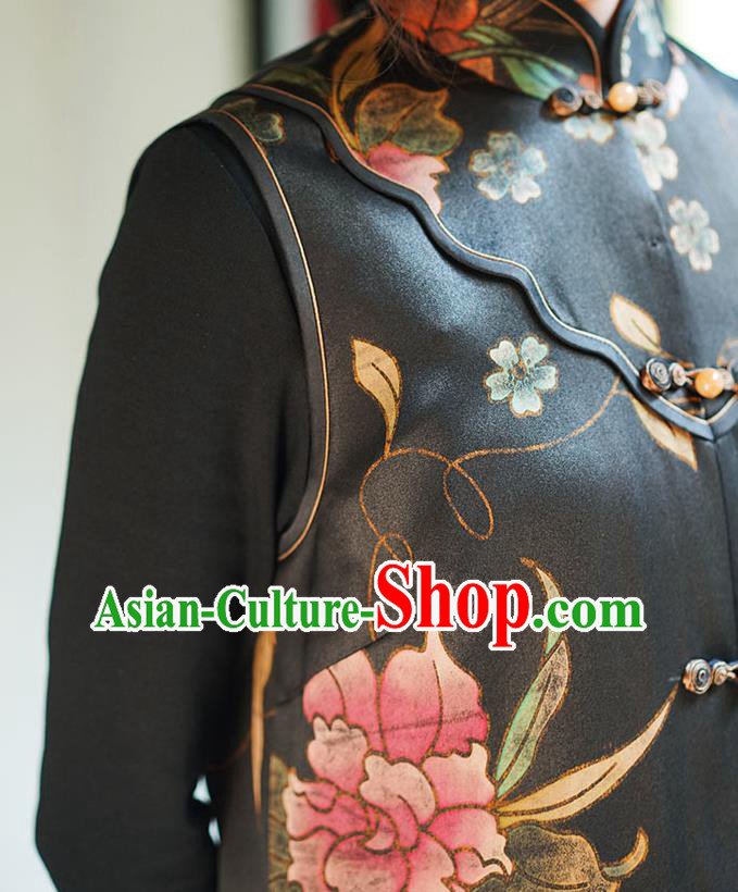 Chinese Classical Hand Painting Peony Black Silk Vest National Women Tang Suit Long Waistcoat