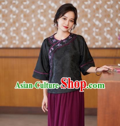 China Classical Embroidered Black Silk Blouse Tang Suit Top Shirt National Women Clothing