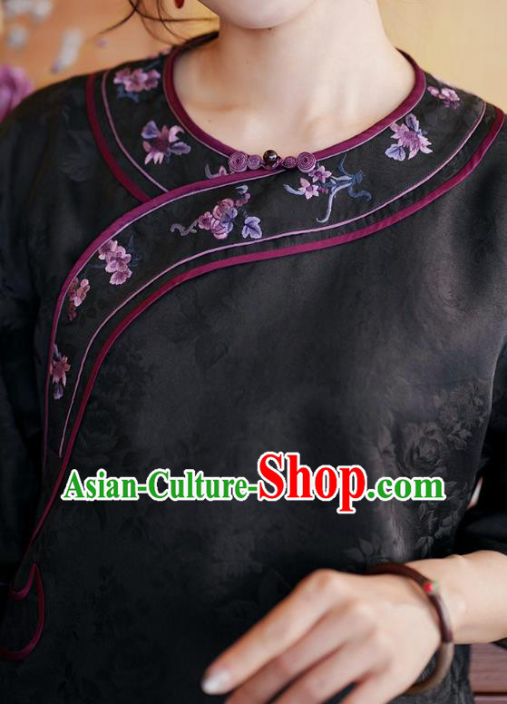 China Classical Embroidered Black Silk Blouse Tang Suit Top Shirt National Women Clothing