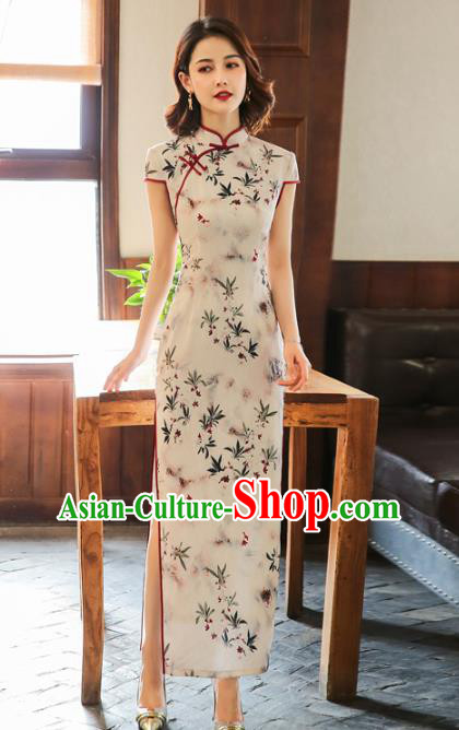 Chinese Traditional Stage Show Costume Classical Dance Cheongsam Classical Printing White Qipao Dress