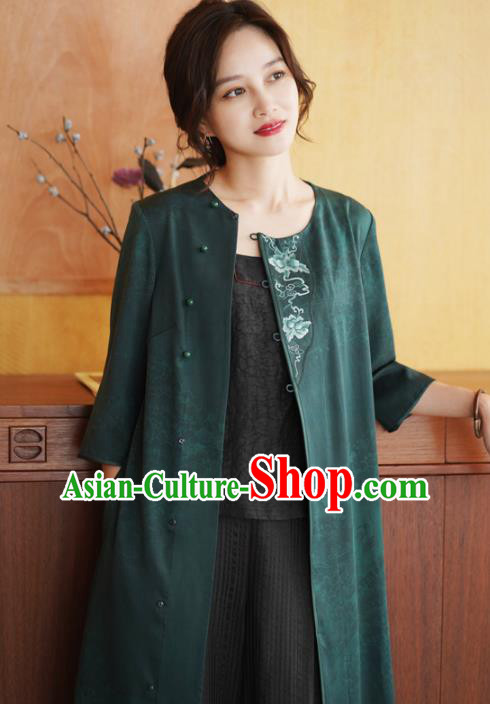 China Tang Suit Overcoat National Women Clothing Classical Embroidered Green Silk Dust Coat