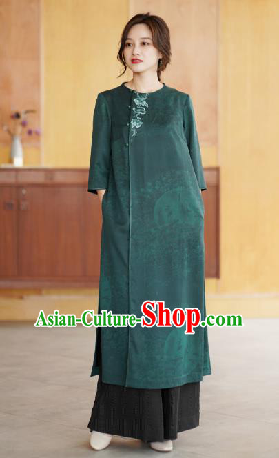 China Tang Suit Overcoat National Women Clothing Classical Embroidered Green Silk Dust Coat