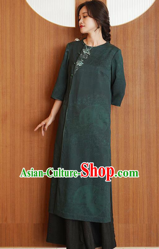 China Tang Suit Overcoat National Women Clothing Classical Embroidered Green Silk Dust Coat