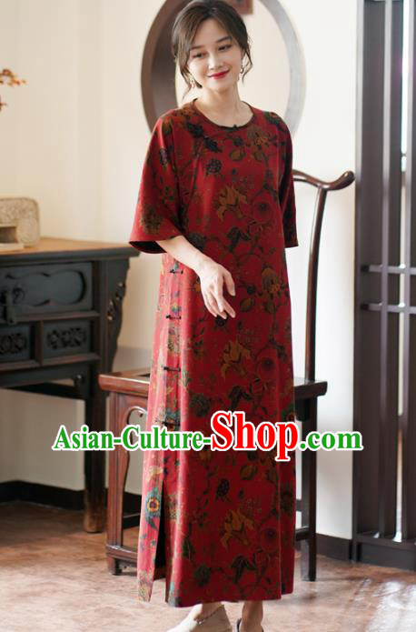 China National Gambiered Guangdong Gauze Long Qipao Classical Red Silk Cheongsam Dress