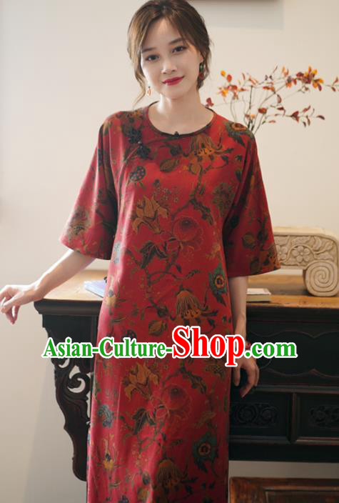 China National Gambiered Guangdong Gauze Long Qipao Classical Red Silk Cheongsam Dress