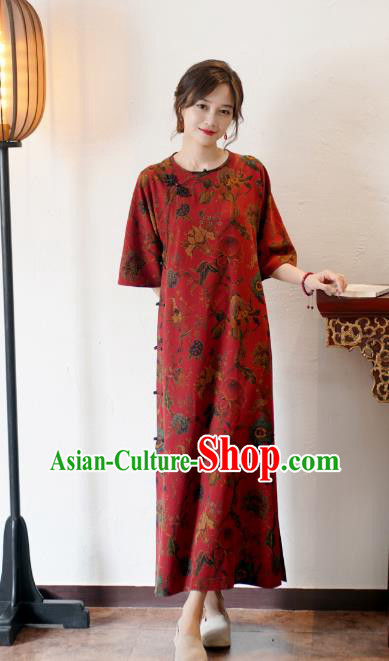 China National Gambiered Guangdong Gauze Long Qipao Classical Red Silk Cheongsam Dress