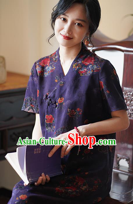 China Classical Purple Silk Cheongsam Dress National Slant Opening Long Qipao
