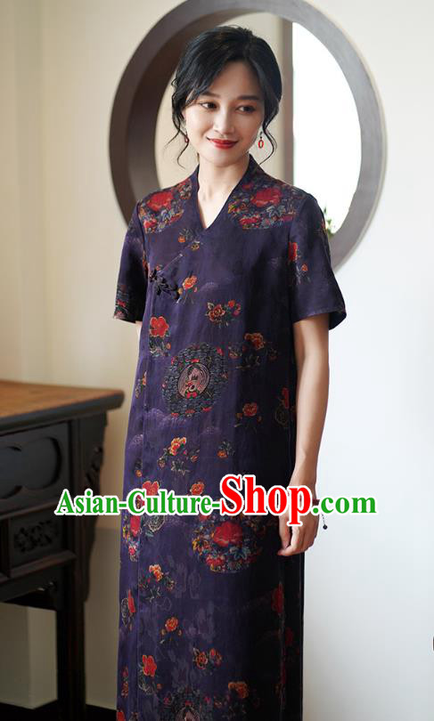 China Classical Purple Silk Cheongsam Dress National Slant Opening Long Qipao