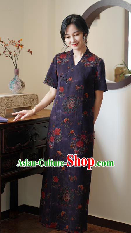 China Classical Purple Silk Cheongsam Dress National Slant Opening Long Qipao
