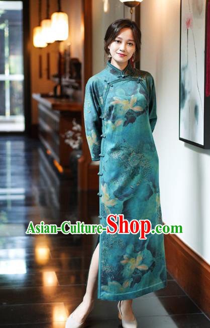 China Classical Lotus Pattern Green Silk Qipao Dress National Female Long Cheongsam