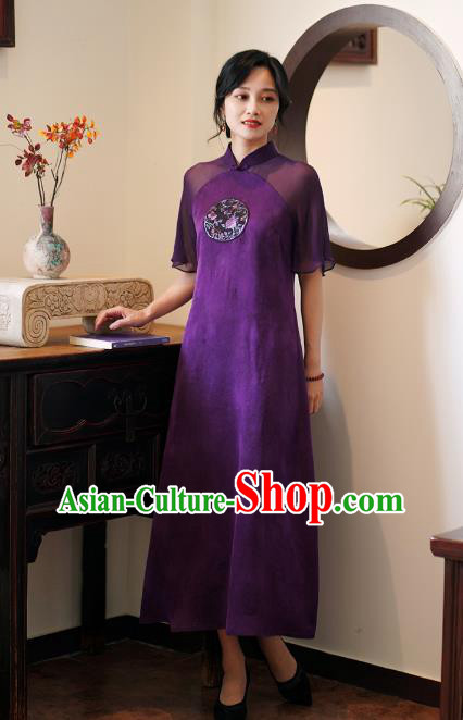China Classical Embroidered Purple Silk Cheongsam Dress National Stand Collar Qipao Costume