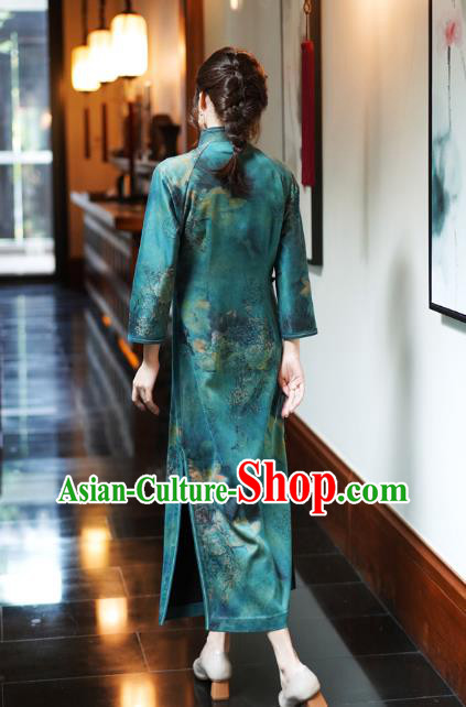 China Classical Lotus Pattern Green Silk Qipao Dress National Female Long Cheongsam