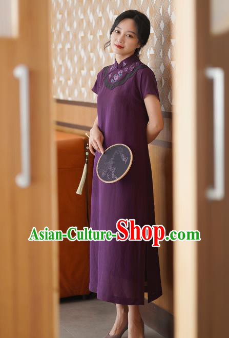 China National Stand Collar Qipao Costume Classical Embroidered Purple Silk Cheongsam Dress