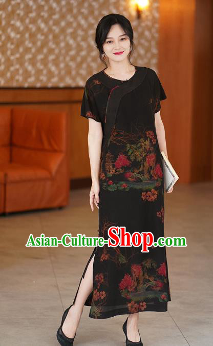 China National Modern Black Silk Qipao Costume Classical Cheongsam Dress