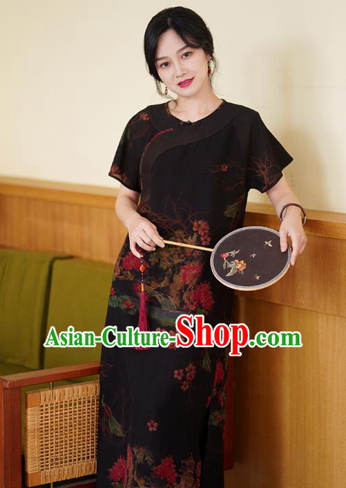 China National Modern Black Silk Qipao Costume Classical Cheongsam Dress