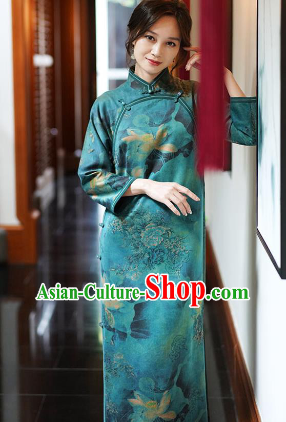 China Classical Lotus Pattern Green Silk Qipao Dress National Female Long Cheongsam