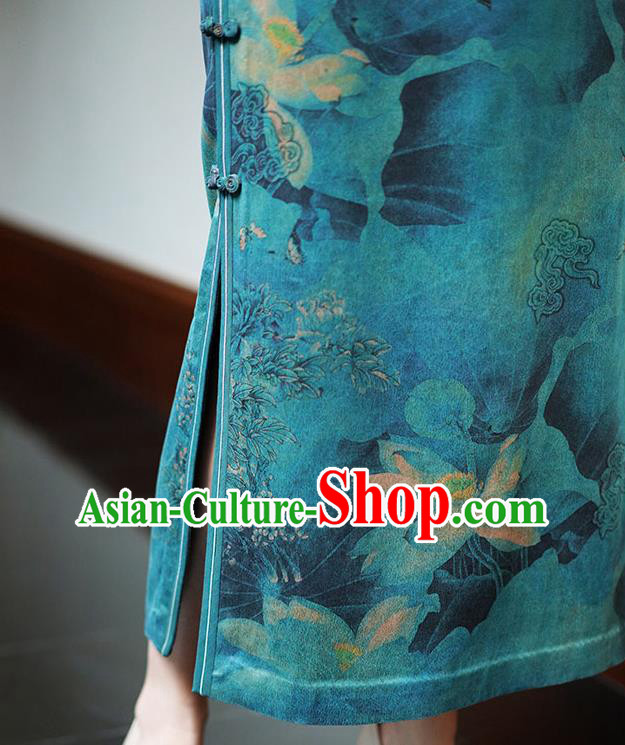China Classical Lotus Pattern Green Silk Qipao Dress National Female Long Cheongsam