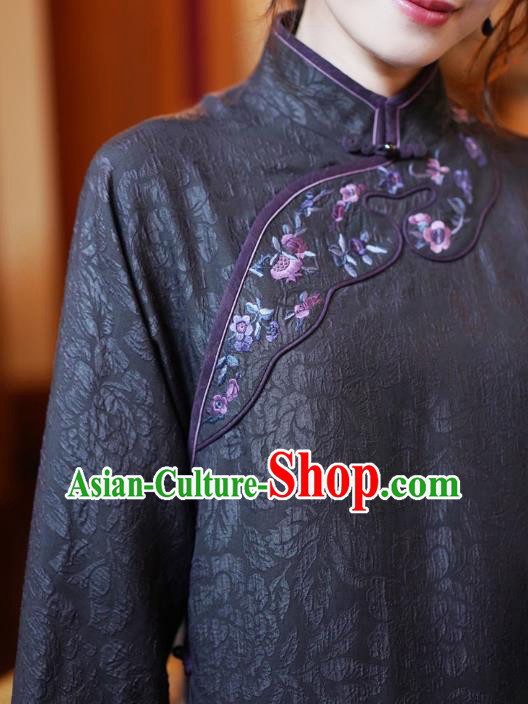 China National Female Embroidered Dark Purple Cheongsam Classical Silk Qipao Dress
