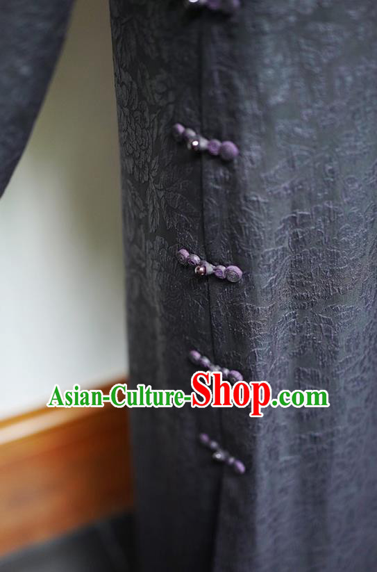 China National Female Embroidered Dark Purple Cheongsam Classical Silk Qipao Dress
