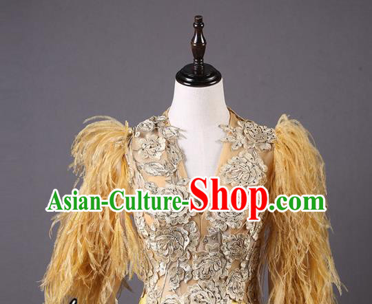 Top Grade Party Compere Yellow Feather Full Dress Catwalks Modern Dance Costume