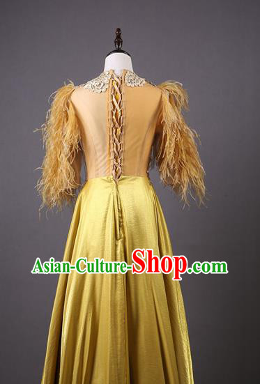 Top Grade Party Compere Yellow Feather Full Dress Catwalks Modern Dance Costume