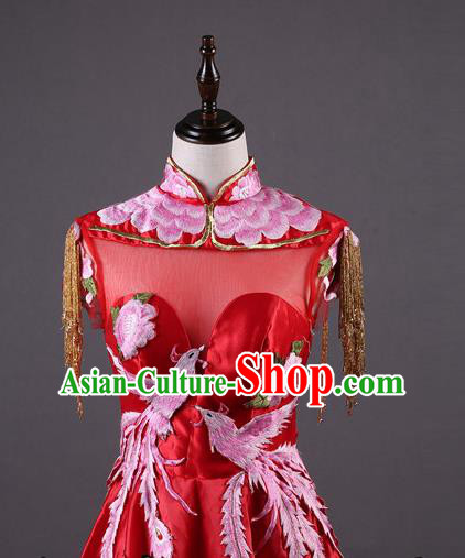 Top Grade Annual Meeting Catwalks Compere Costume Embroidered Phoenix Red Satin Full Dress