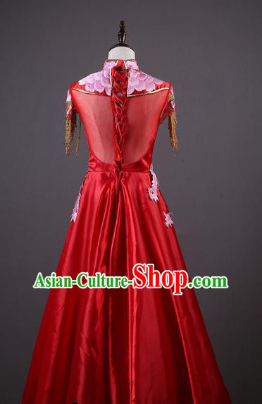 Top Grade Annual Meeting Catwalks Compere Costume Embroidered Phoenix Red Satin Full Dress