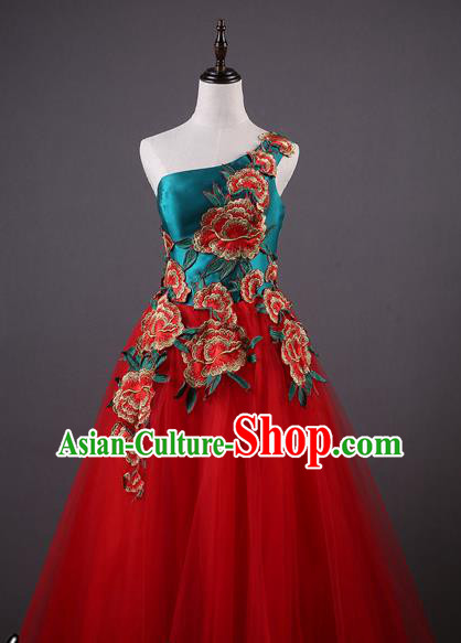 China Style Annual Meeting Compere Costume Embroidered Peony Red Veil Full Dress