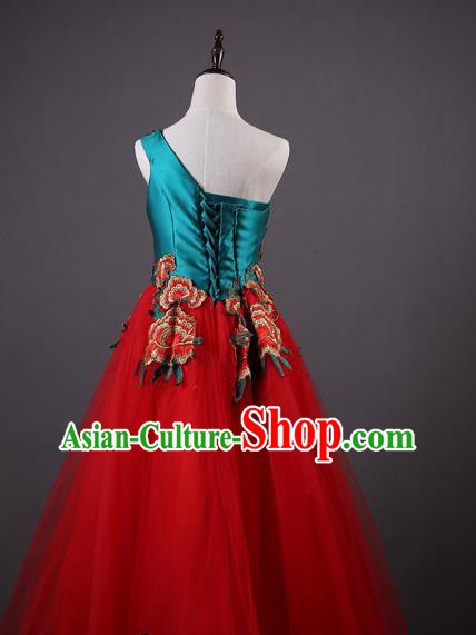 China Style Annual Meeting Compere Costume Embroidered Peony Red Veil Full Dress