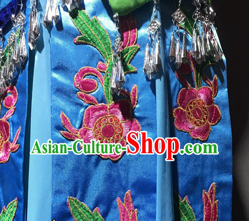 Chinese Shui Nationality Girl Costumes Ethnic Minority Folk Dance Blue Dress and Hair Accessories