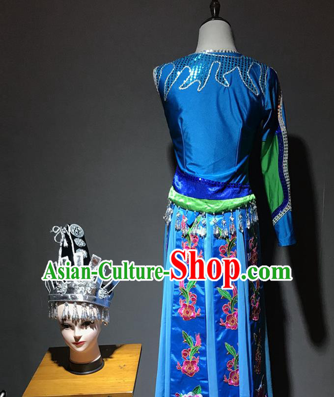 Chinese Shui Nationality Girl Costumes Ethnic Minority Folk Dance Blue Dress and Hair Accessories