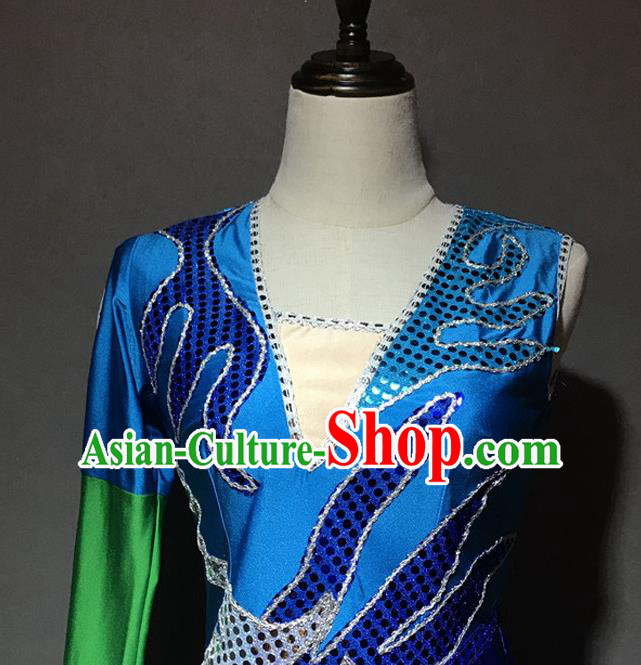 Chinese Shui Nationality Girl Costumes Ethnic Minority Folk Dance Blue Dress and Hair Accessories