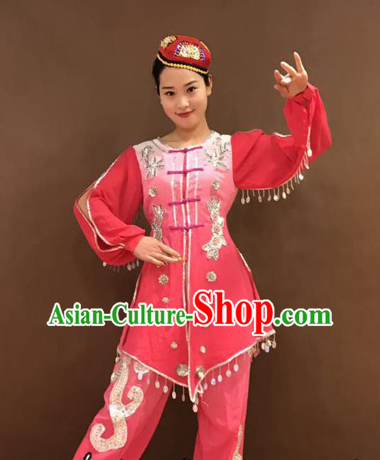 Chinese Hui Nationality Folk Dance Costumes Ningxia Ethnic Minority Woman Pink Outfits and Hat