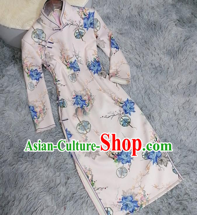 Chinese Classical Printing Blue Mangnolia Qipao Dress Traditional Shanghai Women Cheongsam Clothing