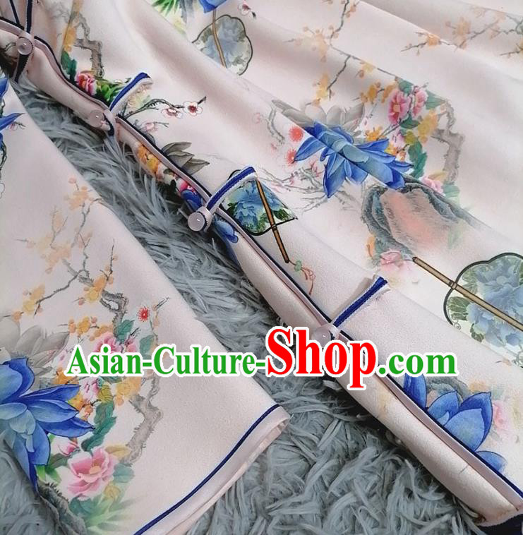 Chinese Classical Printing Blue Mangnolia Qipao Dress Traditional Shanghai Women Cheongsam Clothing