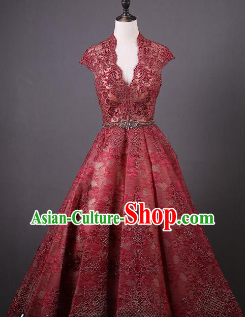 Top Grade Wedding Compere Costume Ballroom Dance Wine Red Lace Full Dress