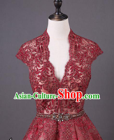 Top Grade Wedding Compere Costume Ballroom Dance Wine Red Lace Full Dress