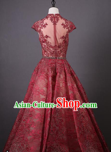 Top Grade Wedding Compere Costume Ballroom Dance Wine Red Lace Full Dress