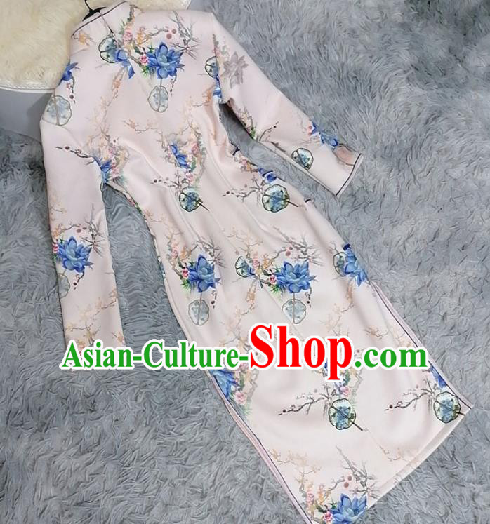 Chinese Classical Printing Blue Mangnolia Qipao Dress Traditional Shanghai Women Cheongsam Clothing