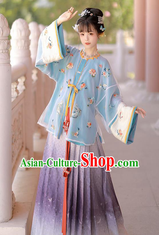China Ancient Country Woman Embroidered Costumes Traditional Ming Dynasty Village Lady Hanfu Clothing