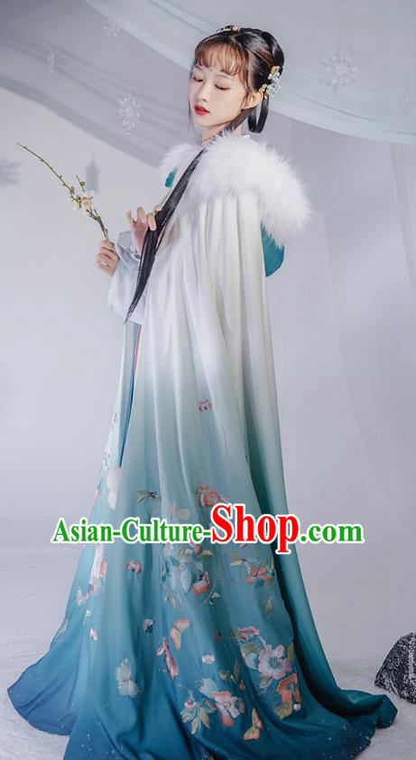 China Ancient Noble Infanta Cape Clothing Traditional Ming Dynasty Princess Embroidered Blue Silk Cloak