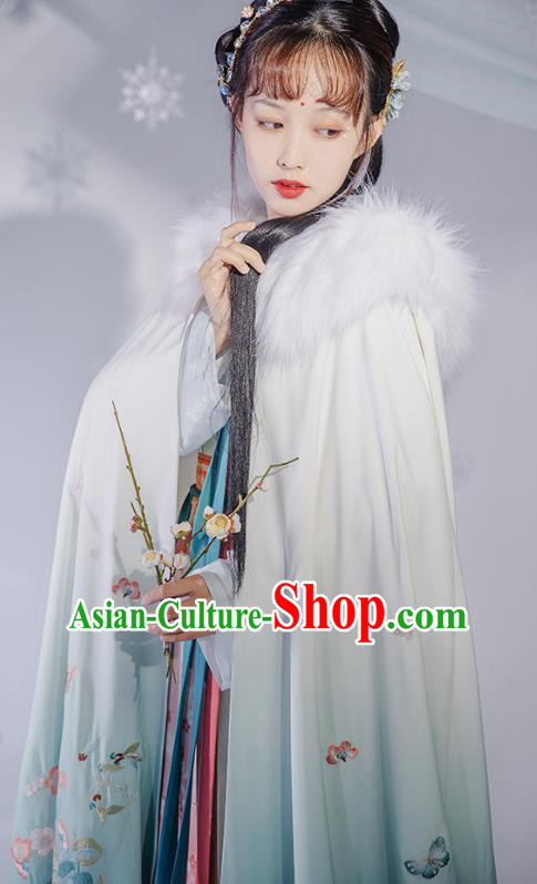 China Ancient Noble Infanta Cape Clothing Traditional Ming Dynasty Princess Embroidered Blue Silk Cloak